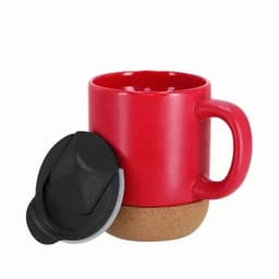 A red drink mug with a cork base and a black lid. The mug has a handle and a smooth finish.