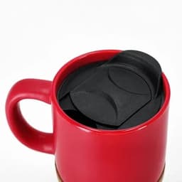 A red drink bottle with a black lid, featuring a handle and a smooth surface.