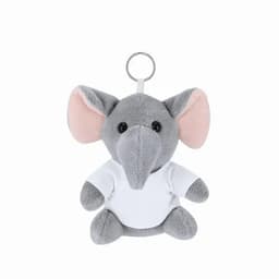 A grey plush elephant keychain with pink inner ears, wearing a white shirt, and attached to a keyring.