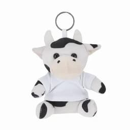 A plush cow keychain toy featuring black and white spots, wearing a plain white shirt, with a silver ring.