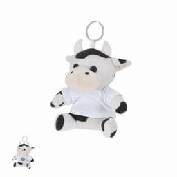 A plush toy cow with a keyring attachment, featuring a white shirt and black and white fur. It has an attached logo.