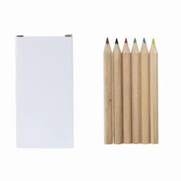 A set of coloured pencils in various colours, alongside a white box featuring a logo.