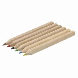 A set of six coloured pencils in red, green, blue, yellow, and other hues with unpainted wooden shafts.