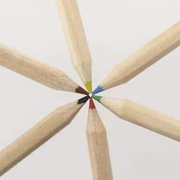A set of coloured pencils arranged in a circular pattern, showcasing tips in various colours including red, blue, green, and brown.