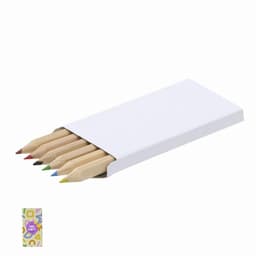 A set of coloured pencils in a white packaging, featuring shades of red, green, blue, yellow, and purple.