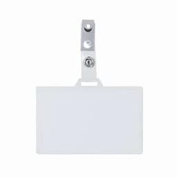 A clear plastic name badge holder with a silver clip at the top. The holder is empty, ready for a name card.