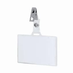 A clear badge holder with a metal clip, designed for securely displaying identification cards or passes.