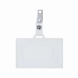 A blank white ID badge holder with a metal clip for attachment. It features a simple rectangular design.