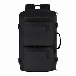 A black backpack featuring two zipped pockets and adjustable straps. It includes a handle on the side and branding.
