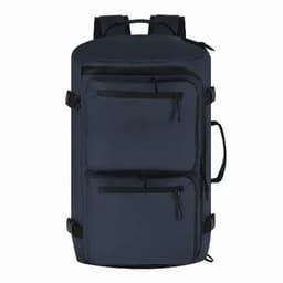 A backpack in dark navy with multiple front zippered pockets and adjustable straps. It features a logo on the front.