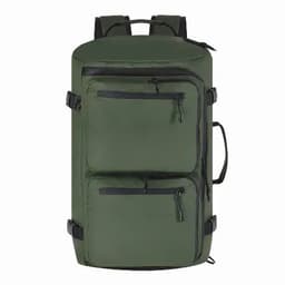 A backpack in olive green with two front zippered pockets and side straps for additional securing. It also features a logo.