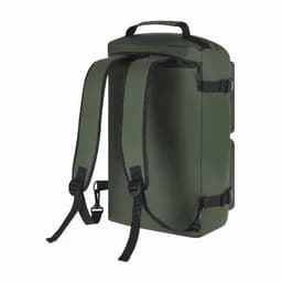 A green backpack with adjustable straps and a top handle, featuring a sleek, minimalist design.