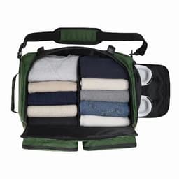 A green backpack with neatly folded clothing inside and a separate compartment for shoes. It features a logo.