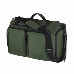 A duffle bag in dark green featuring two front zip pockets and a removable shoulder strap. It has a sturdy design.