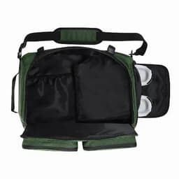 A green bag with a spacious interior, featuring black compartments and pockets for organisation. It has a shoulder strap.