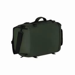 A green backpack featuring a sturdy handle and adjustable strap, with a simple design and a branding logo.