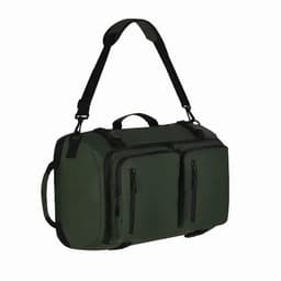 A dark green backpack with multiple compartments and a shoulder strap, featuring a logo.