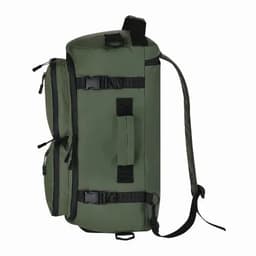 A green backpack with adjustable straps, multiple zippers, and pockets, featuring a logo.