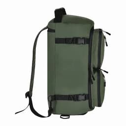 A green backpack features a cylindrical shape, adjustable straps, and multiple pockets. It has a branding logo.