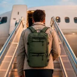 A green backpack is worn by a person ascending stairs to an airplane, set against a sunset sky.