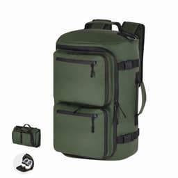 A green backpack with multiple zippered compartments and adjustable straps. It features a logo on the front.