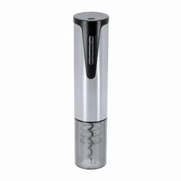 A drink bottle in silver and black with a sleek design and a corkscrew component at the bottom. It features a logo.