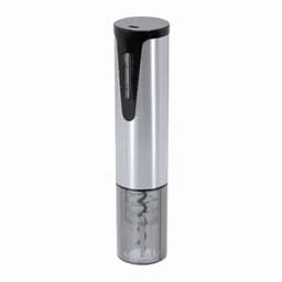 A drink bottle in silver and black, featuring a sleek design and a transparent lower section. It includes a brand logo.