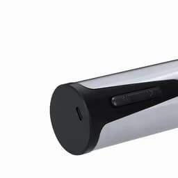 A drink bottle in sleek silver and black, featuring a control button and a USB-C charging port.