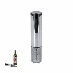 A drink bottle in silver and black with a built-in corkscrew, next to a bottle of wine. The product has a logo.
