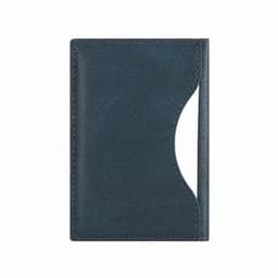 A cardholder in dark blue leather with a curved cutout for easy access. It features a sleek, minimalist design.