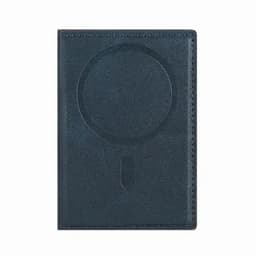 A blue magnetic wallet with a circular design and a vertical slot for cards, featuring a subtle logo.