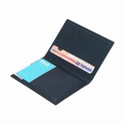 A wallet in dark blue with compartments for cards and cash, featuring a logo inside.