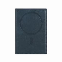 A dark blue wallet with a smooth finish and a circular indentation, featuring branding on the front.