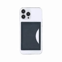 A phone featuring a clear case with a navy blue cardholder attached to the back.