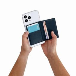 A wallet in hand, featuring a phone, a blue card, and a bank card, all in a sleek black design.