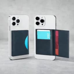 A phone wallet in dark blue attached to a smartphone, featuring a card slot and an open section for cards.