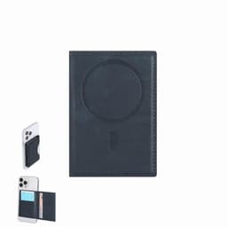 A navy blue wallet with a magnetic closure and a pocket for cards, featuring a logo on the cover.