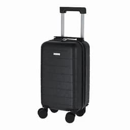 A black suitcase with a textured surface, featuring a retractable handle and four wheels for easy mobility.