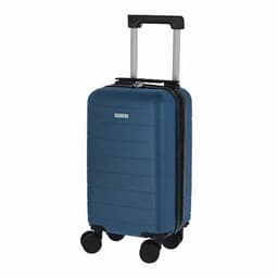 A blue hard-shell suitcase with a retractable handle and four wheels, featuring a logo on the front.