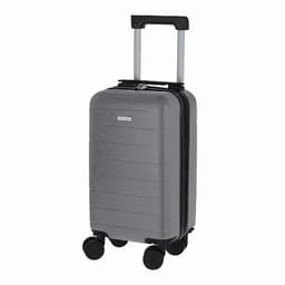 A grey carry-on suitcase with a textured surface, featuring a retractable handle and four wheels for easy manoeuvring.