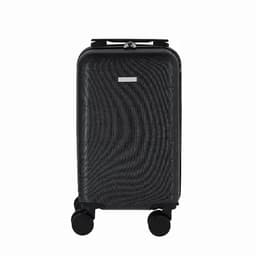 A suitcase in black with a textured surface and four wheels for mobility. It features a logo on the front.