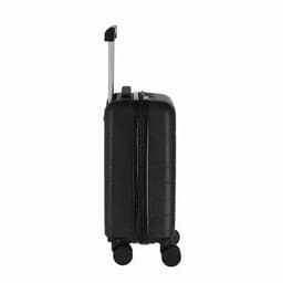 A black hard-shell suitcase with a telescopic handle and four wheels. It features a textured surface.