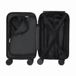 A black suitcase with a zipped compartment and straps inside, featuring wheels for easy transport.