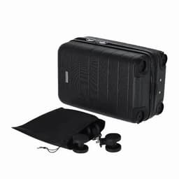 A sleek black suitcase with wheels alongside a black drawstring bag containing additional wheels.