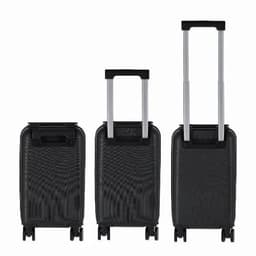 A set of three black suitcases with extendable handles and wheels, featuring a textured surface and varying sizes.