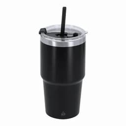 A drink bottle in black with a clear lid and a straw, featuring a logo on its side.