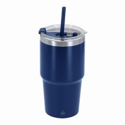 A drink bottle in navy blue with a silver lid and a straw, featuring a logo on the body.