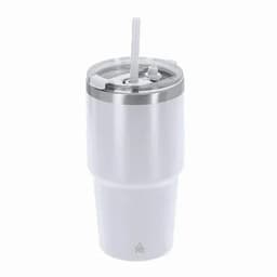 A drink bottle in white with a stainless steel lid and a straw, featuring a simple logo.
