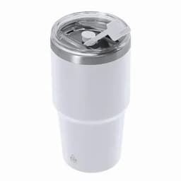 A drink bottle in white with a transparent lid and a logo. It features a sliding top closure.
