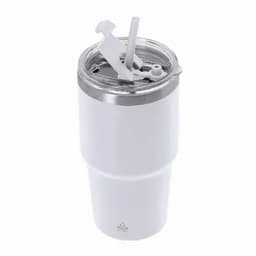 A drink bottle in white with a stainless steel lid and straw, featuring a logo on the side.